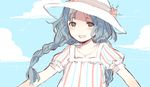  blue_hair blush braid day flat_chest happy hat long_hair original sketch sky solo tan_(tangent) twin_braids 