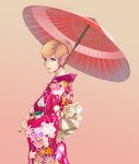  blonde_hair blue_eyes cognite elf eyeshadow floral_print flower hair_bun japanese_clothes kimono makeup master_of_epic oriental_umbrella pointy_ears simple_background solo umbrella xxtisatoxx 