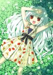  :d armpits arms_up clover clover_(flower) dress face flower food food_print four-leaf_clover from_above fruit hand_on_forehead long_hair lying on_back open_mouth original print_dress red_eyes ribbon smile solo strawberry strawberry_print tsunako white_hair 