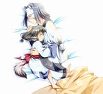  1girl animal_ears aruruw barefoot black_hair dog_ears hakuoro hand_on_another's_head hug japanese_clothes kage_no_utage long_hair mask sleeping utawareru_mono 