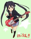  bad_id bad_pixiv_id black_hair brown_eyes copyright_name electric_guitar green_background guitar highres instrument k-on! karei nakano_azusa neck_ribbon open_mouth plectrum red_ribbon ribbon school_uniform simple_background solo star twintails 