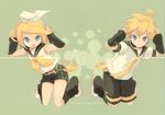  1girl aqua_eyes bare_shoulders blonde_hair brother_and_sister detached_sleeves hair_ornament hair_ribbon hairclip headphones headset kagamine_len kagamine_rin leg_warmers necktie open_mouth ribbon sailor_collar short_hair shorts siblings tomsan twins vocaloid yellow_neckwear 