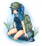  backpack bag blue_eyes blue_hair data_nanokaa hair_bobbles hair_ornament hat kawashiro_nitori no_pants one-piece_swimsuit open_clothes open_shirt school_swimsuit shirt short_hair sitting soaking_feet solo swimsuit swimsuit_under_clothes touhou twintails two_side_up water 