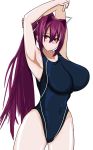  1girl armpits arms_up blush breasts large_breasts long_hair looking_at_viewer navel one-piece_swimsuit purple_hair red_eyes solo standing swimsuit tomo_(bacantshift1st) under_night_in-birth yuzuriha_(under_night_in-birth) 