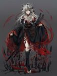  1girl alternate_costume animal_ears arknights bangs black_legwear black_nails blood choker facial_mark full_body gradient gradient_background grey_background hair_ornament hair_ribbon hairclip highres lappland_(arknights) long_hair looking_at_viewer messy_hair nga_(artist) originium_(arknights) red_choker ribbon sarashi silver_eyes silver_hair sleeves_past_wrists slit_pupils smile solo standing sword tail weapon wolf_ears wolf_girl wolf_tail 