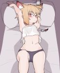  1girl animal_ear_fluff animal_ears arknights arms_up blonde_hair blush dusonson eyebrows_visible_through_hair fingerless_gloves fox_ears fox_girl fox_tail gloves hair_ornament hairclip looking_at_viewer lying medium_hair navel notched_ear on_back on_bed pillow pillow_grab prosthesis prosthetic_arm scar simple_background solo tail vermeil_(arknights) white_background yellow_eyes 
