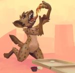  ambiguous_gender anthro brown_body brown_fur brown_spots eating_food eyes_closed food fur grimart hyaenid kneeling mammal open_mouth pizza pizza_box simple_background solo spots teeth tongue 