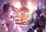  2girls :d barefoot black_hair blue_eyes blue_oath bow brown_hair cake cup dress eyebrows_visible_through_hair food hair_bow hair_ribbon holding_up long_sleeves looking_at_viewer multiple_girls naru_(kts5584) open_mouth purple_eyes ribbon samuel_b._roberts_(blue_oath) saumarez_(blue_oath) smile teacup 