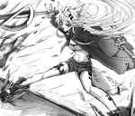  1girl :d animal_ears arknights black_nails boots breasts coat crazy_eyes crazy_smile dutch_angle facial_mark fang full_body greyscale hair_ornament hairclip highres holding holding_sword holding_weapon lappland_(arknights) long_hair long_sleeves medium_breasts monochrome navel nga_(artist) open_mouth originium_(arknights) short_shorts shorts smile solo sword tail v-shaped_eyebrows very_long_hair weapon wolf_ears wolf_girl wolf_tail 
