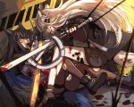  2girls animal_ear_fluff animal_ears arknights arrow_(projectile) black_hair black_legwear blood blood_on_face bloody_clothes bloody_weapon coat eye_contact facial_mark fingerless_gloves gloves hair_ornament hairclip hand_to_own_mouth highres holding holding_sword holding_weapon lappland_(arknights) long_hair looking_at_another multiple_girls nga_(artist) originium_(arknights) outdoors pantyhose shoes short_shorts shorts silver_eyes silver_hair slit_pupils smirk sword tail texas_(arknights) torn_clothes torn_legwear very_long_hair weapon wolf_ears wolf_girl wolf_tail yellow_eyes 