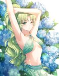  1girl ;) absurdres armpits arms_up breasts cleavage day eyebrows_visible_through_hair flower green_eyes green_hair green_skirt groin hair_intakes high_ponytail highres huge_filesize hydrangea iyar long_hair looking_at_viewer medium_breasts midriff navel one_eye_closed original outdoors shiny shiny_hair skirt smile solo standing stomach underboob very_long_hair 