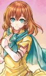  1girl aqua_cape bangs blue_eyes brown_hair cape closed_mouth detached_sleeves fire_emblem fire_emblem:_path_of_radiance floating_hair fuussu_(21-kazin) gradient gradient_background hair_between_eyes long_hair long_sleeves looking_at_viewer mist_(fire_emblem) pink_background shiny shiny_hair shirt short_sleeves smile solo standing upper_body white_sleeves yellow_shirt 