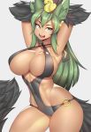  1girl absurdres animal_ears anubis_(monster_girl_encyclopedia) bare_shoulders breasts cleavage collarbone commission covered_navel cowboy_shot dark_skin green_eyes green_hair hair_between_eyes highres large_breasts long_hair looking_at_viewer monster_girl monster_girl_encyclopedia one-piece_swimsuit open_mouth rd_rn00 solo standing swimsuit tail teeth tongue 