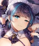 1girl azur_lane blue_hair blush breasts cheshire_(azur_lane) cleavage commentary_request eyebrows_visible_through_hair gijang highlights large_breasts looking_at_viewer multicolored_hair solo two-tone_hair 