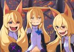  3girls animal_ears autumn_leaves bangs blonde_hair blue_eyes clone commentary drooping english_commentary eyebrows_visible_through_hair fangs g41_(girls_frontline) girls_frontline hair_between_eyes hair_ornament heterochromia highres kion-kun laughing laughing_wolves long_hair looking_up meme multiple_girls navel open_mouth parody red_eyes sidelocks smile tied_hair tree twintails unamused 