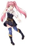  1girl :d bangs black_dress black_footwear blue_legwear boots dress fire_emblem fire_emblem:_three_houses floating_hair full_body fuussu_(21-kazin) hilda_valentine_goneril knee_boots long_hair long_sleeves open_mouth pink_hair red_eyes shiny shiny_hair shirt short_dress simple_background smile solo thighhighs twintails very_long_hair white_background white_shirt 