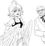  1boy 1girl :d ahoge bb_(baalbuddy) blush colonel_sanders commentary english_commentary feathered_wings glasses greyscale harpy highres kfc looking_at_viewer monochrome monster_girl monster_musume_no_iru_nichijou neck_ribbon old_man one_eye_closed open_mouth papi_(monster_musume) ribbon simple_background smile white_background wings 