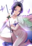  1girl barefoot black_hair breasts bug butterfly butterfly_hair_ornament cleavage closed_mouth collarbone gradient_hair hair_intakes hair_ornament haori highres holding holding_sword holding_weapon insect japanese_clothes katana kimetsu_no_yaiba kochou_shinobu large_breasts looking_at_viewer multicolored_hair one_knee onigirikun panties purple_eyes purple_hair shiny shiny_hair shiny_skin short_hair side-tie_panties simple_background smile solo sword underwear weapon white_background white_panties 