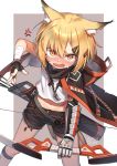  1girl anger_vein angry animal_ear_fluff animal_ears arknights arrow_(projectile) artist_name bandaged_arm bandages blonde_hair blush bow_(weapon) earrings fang fingerless_gloves fox_ears fox_girl fox_tail full-face_blush gloves hair_ornament hairclip highres jewelry looking_at_viewer medium_hair mitake_eiru multiple_earrings navel necklace notched_ear open_mouth originium_(arknights) poncho prosthesis prosthetic_arm quiver scar short_shorts shorts skin_fang solo symbol_commentary tail v-shaped_eyebrows vermeil_(arknights) weapon yellow_eyes 
