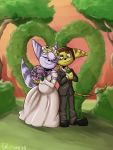  3:4 blue_body blue_fur brown_body brown_fur clothing comic dress felid female fur hi_res lombax male male/female mammal pregnant ratchet ratchet_and_clank rift_apart_lombax video_games wedding wedding_dress 