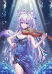 1girl absurdres animal_ears antenna_hair asymmetrical_clothes bangs blue_dress blurry breasts cleavage closed_mouth cowboy_shot dress fox_ears fox_girl fox_tail hair_between_eyes highres holding holding_instrument instrument kirby_d_a long_hair medium_breasts music original playing_instrument purple_eyes sideboob silver_hair sleeveless sleeveless_dress smile solo standing tail thigh_gap very_long_hair violin 