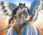  5:4 anthro arm_tuft avian beak big_breasts bikini_armor bird black_body black_feathers black_hair blue_body blue_eyes blue_feathers blue_fur breasts canid canine clothed clothing countershading curvy_figure day detailed_background eyelashes feathered_wings feathers female fluffy fluffy_tail fox fur gloves_(marking) hair holding_object holding_sword holding_weapon humanoid_hands hybrid lenika light long_hair looking_at_viewer low-angle_view lulu_(zerach) mammal markings melee_weapon midriff monotone_hair multicolored_body multicolored_feathers multicolored_fur multicolored_wings navel neck_tuft outside reaching reaching_towards_viewer skimpy sky slightly_chubby solo standing sunlight sword thick_thighs tuft two_tone_body two_tone_fur voluptuous weapon white_body white_countershading white_feathers white_fur wide_hips wings wrist_tuft 
