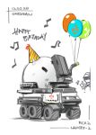  1other arknights balloon character_name deel_(rkeg) doctor_(arknights) happy_birthday hat highres lancet-2_(arknights) musical_note party_hat red_cross robot solo_focus thumbs_up wheel white_background 