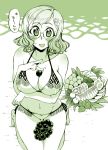  breasts collarbone covered_nipples food fruit glasses green_theme hair_ornament hairclip kusanagi_tonbo large_breasts monochrome navel object_on_breast original short_hair swimsuit wavy_hair 