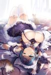  1girl azur_lane blue_eyes blue_hair blush breasts cat cheshire_(azur_lane) cleavage commentary_request full_body gijang highlights highres large_breasts looking_at_viewer lying multicolored_hair on_back solo thighhighs two-tone_hair 