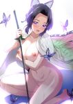  1girl :d barefoot black_hair breasts bug butterfly butterfly_hair_ornament cleavage collarbone gradient_hair hair_intakes hair_ornament haori highres holding holding_sword holding_weapon insect japanese_clothes katana kimetsu_no_yaiba kochou_shinobu large_breasts multicolored_hair nipples nude one_knee onigirikun open_mouth purple_eyes purple_hair shiny shiny_hair shiny_skin short_hair simple_background smile solo sword weapon white_background 