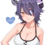  1girl 2020 absurdres bangs bikini blush breasts cleavage eyepatch hair_between_eyes headgear heart highres kantai_collection large_breasts nimono122 purple_hair short_hair simple_background smile solo swimsuit tenryuu_(kantai_collection) upper_body white_background white_bikini yellow_eyes 