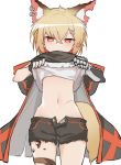  1girl animal_ear_fluff animal_ears arknights blonde_hair commentary_request dusonson earrings fingerless_gloves fox_ears fox_girl fox_tail gloves hair_ornament hairclip jewelry korean_commentary looking_at_viewer medium_hair multiple_earrings navel notched_ear open_fly originium_(arknights) poncho prosthesis prosthetic_arm scar shirt shirt_lift short_shorts shorts simple_background solo tail vermeil_(arknights) white_background white_shirt yellow_eyes 