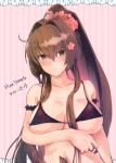  1girl breasts brown_eyes brown_hair cherry_blossoms flower hair_between_eyes hair_flower hair_ornament highres himeyamato kantai_collection large_breasts long_hair looking_at_viewer ponytail swimsuit very_long_hair yamato_(kantai_collection) 