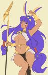  animal_ears bangle bracelet dark_skin didi_esmeralda egyptian egyptian_clothes facepaint facial_mark fate/grand_order fate_(series) hairband highres holding holding_staff jackal_ears jewelry long_hair low-tied_long_hair navel nitocris_(fate/grand_order) purple_eyes purple_hair simple_background staff two-tone_hairband usekh_collar vambraces yellow_background 