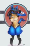  anthro bdsm blue_body blue_fur bondage bound breasts canid canine convenient_censorship female fur looking_at_viewer lucario mammal nintendo nude pawpads paws pok&eacute;mon pok&eacute;mon_(species) red_eyes solo thick_thighs video_games wide_hips zancumen 