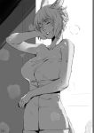  1girl after_bathing animal_ears breasts cat_ears cat_tail cleavage closed_eyes final_fantasy final_fantasy_xiv greyscale hand_up highres miqo&#039;te monochrome naked_towel nanaya_(daaijianglin) short_hair signature smile solo standing tail towel wet whisker_markings y&#039;shtola_rhul 
