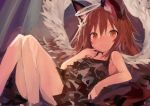  1girl absurdres angel_wings animal_ears black_dress brown_eyes brown_hair cat_ears dress eyebrows_visible_through_hair hair_between_eyes halo highres kaamin_(mariarose753) long_hair lying on_back original sleeveless sleeveless_dress solo wings 