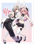  2boys animal_ears astolfo_(fate) bare_shoulders blue_background bow bowtie bunny_day bunny_ears bunny_tail bunnysuit commentary_request elbow_gloves eyebrows_visible_through_hair eyes_visible_through_hair fate/apocrypha fate_(series) full_body gloves grey_hair hair_between_eyes haoro heart highlights highres long_hair looking_at_viewer midriff multicolored_hair multiple_boys multiple_girls navel otoko_no_ko pants pink_hair purple_eyes shorts sieg_(fate/apocrypha) simple_background sleeveless stomach striped striped_background tail thighhighs two-tone_hair white_hair 