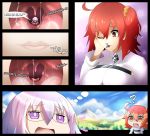  2girls absurdres breasts chaldea_uniform cloud cloudy_sky english_commentary english_text fate/grand_order fate_(series) female_pervert fujimaru_ritsuka_(female) giantess hair_between_eyes hair_ornament hair_over_one_eye hair_scrunchie highres huge_filesize imagining large_breasts lavender_eyes lavender_hair lips mash_kyrielight mountain multiple_girls one_side_up open_mouth orange_eyes orange_hair outdoors pervert sachi-san saliva scrunchie shiny shiny_hair short_hair side_ponytail sky star_(symbol) swallowing vore yellow_scrunchie 