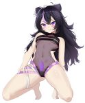  1girl absurdres battery_indicator black_hair blush breasts double_bun girls_frontline hair_between_eyes highres kac-pdw_(girls_frontline) long_hair looking_at_viewer navel purple_eyes simple_background sitting small_breasts swimsuit twitter_username white_background 