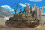  1boy caterpillar_tracks cloud day earasensha ground_vehicle gun hill machine_gun military military_vehicle motor_vehicle original ruins self-propelled_artillery semovente_75/18 sky tank tree weapon 