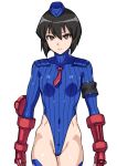 1girl black_hair blue_headwear blue_leotard bob_cut bodypaint breasts brown_eyes cammy_white cammy_white_(cosplay) chloe_valens commentary_request corruption cosplay cowboy_shot dark_persona empty_eyes fingerless_gloves garrison_cap gloves hai_(h81908190) hat highleg highleg_leotard leotard looking_at_viewer red_gloves ribbed_leotard shadaloo_dolls simple_background small_breasts solo street_fighter street_fighter_zero_(series) tales_of_(series) tales_of_legendia white_background 