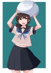  1girl :d absurdres blue_skirt blush brown_hair cowboy_shot fubuki_(kantai_collection) green_eyes highres huge_filesize kantai_collection long_hair looking_up mori_tarou navel open_mouth pleated_skirt short_hair sidelocks skirt smile solo stuffed_seal 