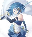  1girl bare_shoulders blue_eyes blue_hair blue_skirt cape closed_mouth fortissimo fortissimo_hair_ornament gloves hair_ornament highres light_smile looking_at_viewer losercat magical_girl mahou_shoujo_madoka_magica miki_sayaka short_hair simple_background skirt solo sword weapon white_background white_cape white_gloves 