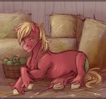  2017 apple big_macintosh_(mlp) blonde_mane blonde_tail crossed_legs cutie_mark equid equine feral food friendship_is_magic fruit fur green_eyes hasbro hay hay_bale hi_res horse looking_at_viewer lying male mammal mane my_little_pony on_ground plant ponsex pony red_body red_fur smile solo 