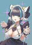  1girl :d animal_ears aqua_eyes aqua_nails azur_lane bangs black_dress black_hair black_neckwear blue_background blunt_bangs breasts cheshire_(azur_lane) claw_pose cleavage commentary_request cowboy_shot dress earrings eyebrows_visible_through_hair fangs frilled_headband frilled_ribbon frills hair_intakes hairband halterneck jewelry large_breasts long_ribbon looking_at_viewer maid_dress maid_headdress multicolored_hair neck_ribbon open_mouth purple_apron ribbon shimotsuki_eight sidelocks simple_background smile solo standing streaked_hair wrist_cuffs 