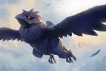  absurdres animal_focus bird black_sclera closed_mouth commentary_request corviknight feathers flying gen_8_pokemon highres hina_(iseclass2) no_humans orange_eyes outdoors pokemon pokemon_(creature) 