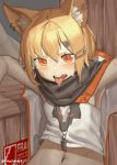  1girl animal_ear_fluff animal_ears arknights blonde_hair commentary_request english_text fang fox_ears fox_girl fox_print hair_between_eyes hair_ornament hairclip highres implied_sex innochan jewelry korean_commentary looking_at_viewer medium_hair navel necklace notched_ear open_mouth orange_eyes originium_(arknights) scar shirt solo sweat tail tongue tongue_out twitter_username upper_body v-shaped_eyebrows vermeil_(arknights) white_shirt 
