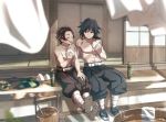  2boys black_hair blue_eyes brown_hair earrings food jewelry kamado_tanjirou kawauso kimetsu_no_yaiba male_focus multiple_boys pants rice short_hair signature tomioka_giyuu water 