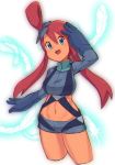  1girl :d bangs blue_eyes blue_gloves blue_shorts breasts crop_top eyebrows_visible_through_hair fuuro_(pokemon) gloves gym_leader hair_between_eyes long_hair looking_at_viewer medium_breasts midriff navel nyonn24 one_side_up open_mouth pokemon pokemon_(game) pokemon_bw red_hair short_hair_with_long_locks short_shorts shorts sidelocks smile solo white_background white_feathers 